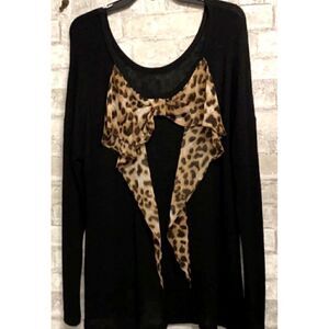 Women's Black Knit Sweater With Animal Print Bow by Moa Moa EUC